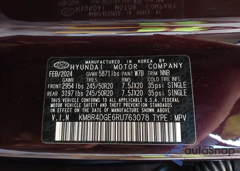 2024 Hyundai Palisade Sel z USA, uszkodzony, nr VIN KM8R4DGE6RU763078